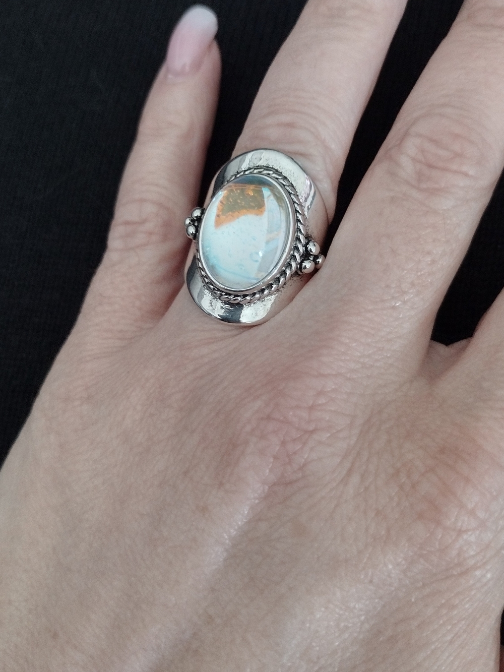 Sterling Silver Opal-Effect Oval Statement Ring - Blue White